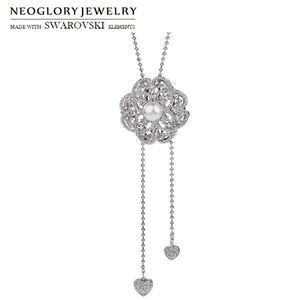 BNIB!! NEOGLORY VINTAGE SWAROVSKI CRYSTAL & PEARL FLORAL LONG SLIDE PENDANT S925